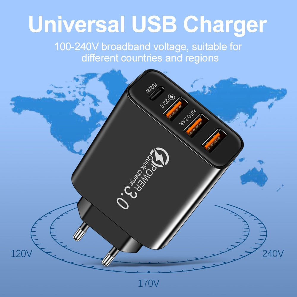 Nuevo cargador estándar de EE. UU. Euro estándar de carga rápida 3USB + Tipo-C cargador de viaje para teléfono móvil adaptador universal